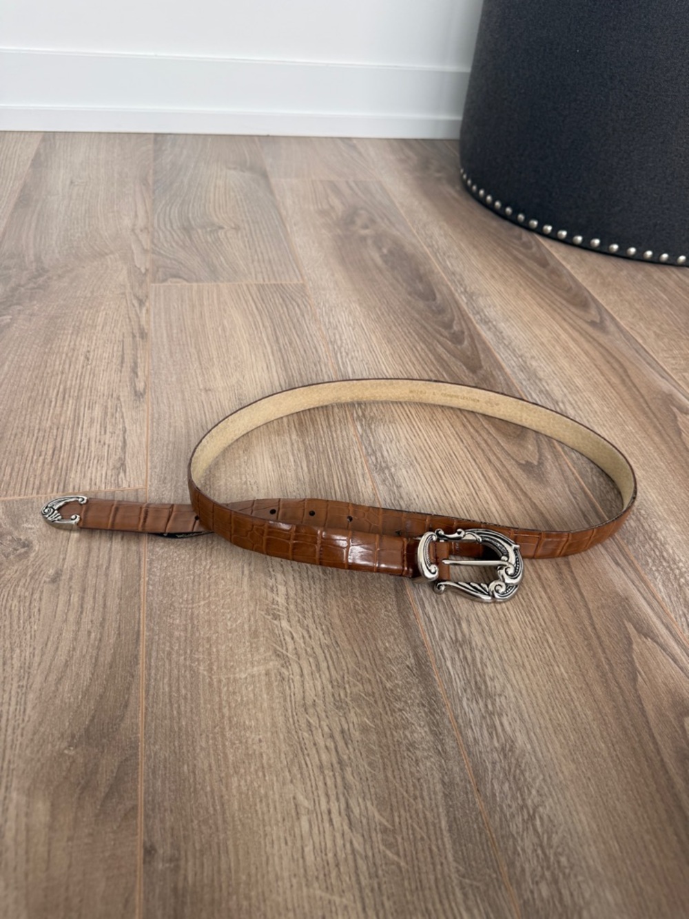 Brown Croc-Embossed Leather Belt with Decorative Silver Buckle